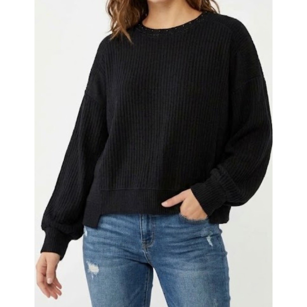 Democracy Women's Navy Ribbed Crewneck Sweater with Beaded Trim Size L NWT